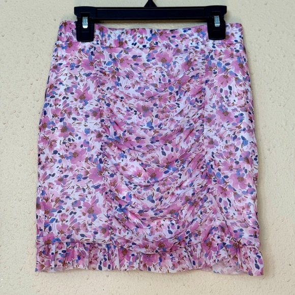 Free People | Romi Mesh Floral Pink Purple Ruched Ruffle Skirt - Size XS - Picture 1 of 4